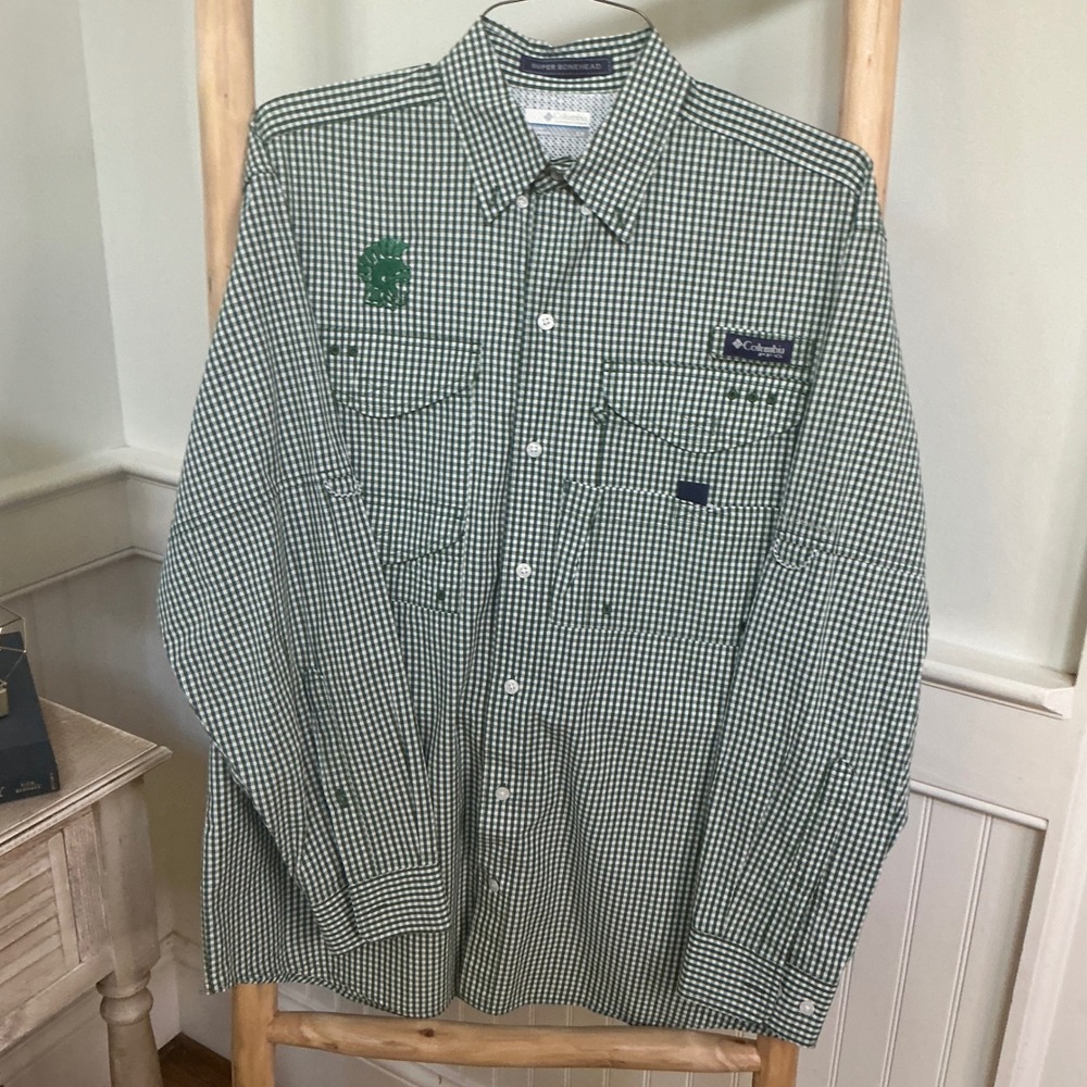 Columbia Super Bonehead PFG Shirt Green Gingham Michigan State Spartans Small
